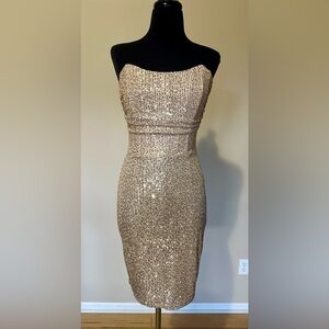Haute Monde Gold Sequin Strapless Bodycon Dress Knee Length